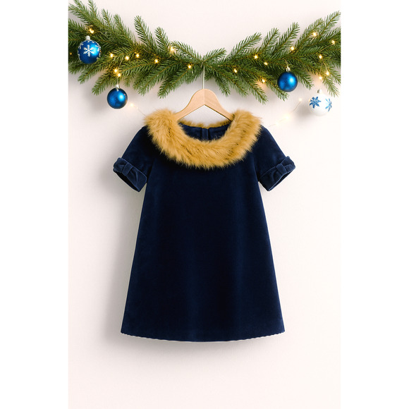 Janie and Jack Girls Navy Blue Velvet Faux Fur Collar Holiday Party Dress Size 4 - Picture 1 of 10
